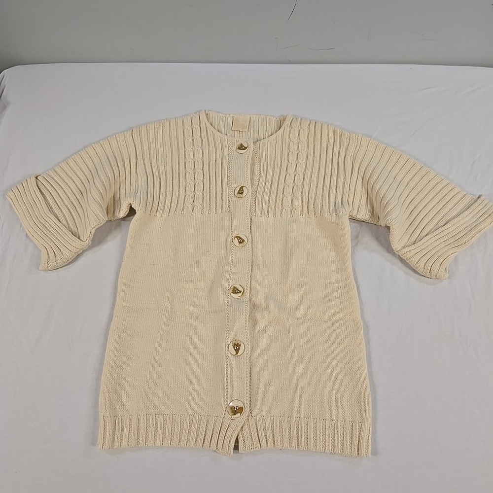 Vintage It's Pure Gould Ivory Cable Knit Cardigan Sweater Small Granny Cotton